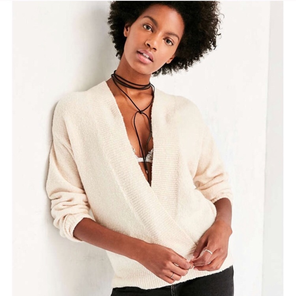 Cream Deep V Surplice Pullover Sweater